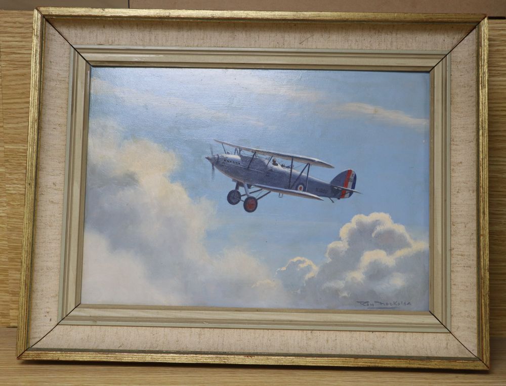 Roy A. Nockolds (1911-1979), oil on board, Hawker Fury bi-plane in flight, signed, 24 x 34cm